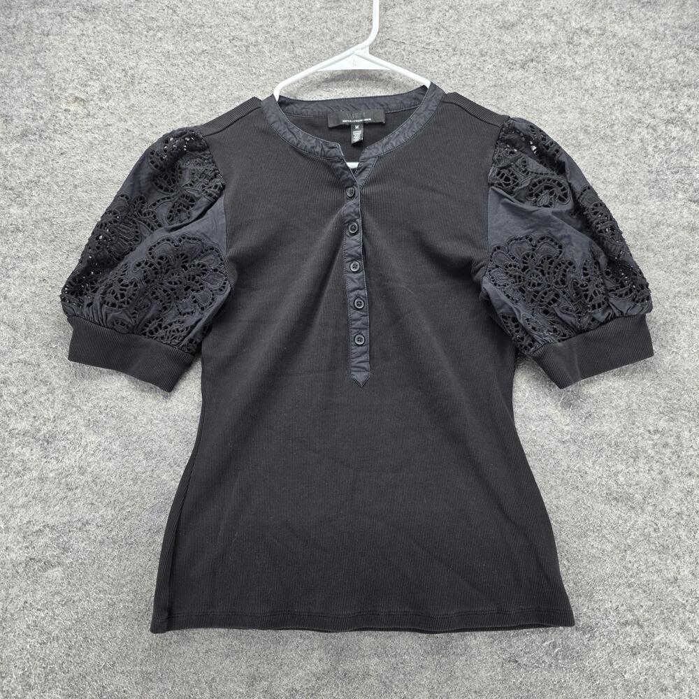 White House Black Market T-Shirt Womens M Black Henley Puff Sleeve Lace Jersey